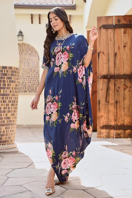 Palak & Mehak Blue Pure Crepe Printed Botanical Round Ziva Cowl Dress 