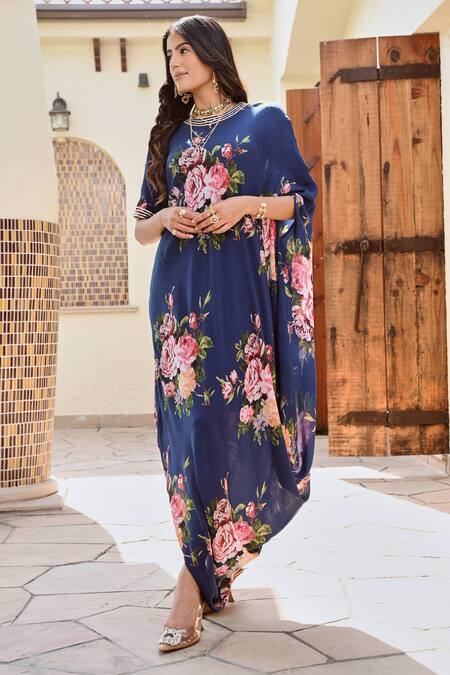 Palak & Mehak_Blue Crepe, Cotton Gota Patti, Embroidery Round Ziva Botanical Print Cowl Dress _Online_at_Aza_Fashions