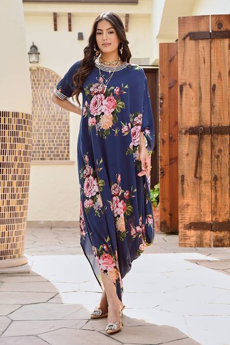 Buy_Palak & Mehak_Blue Crepe, Cotton Gota Patti, Embroidery Round Ziva Botanical Print Cowl Dress _Online_at_Aza_Fashions