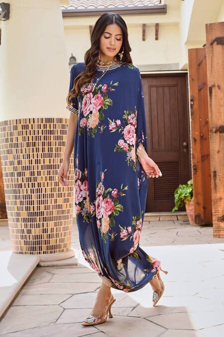 Shop_Palak & Mehak_Blue Crepe, Cotton Gota Patti, Embroidery Round Ziva Botanical Print Cowl Dress _Online_at_Aza_Fashions