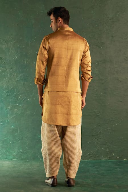 Shop Charkhee Gold Silk, Cotton Embroidery Metallic Solid Kurta With Salwar at Aza Fashions Shop_Charkhee_Gold Silk, Cotton Embroidery Metallic Solid Kurta With Salwar _at_Aza_Fashions
