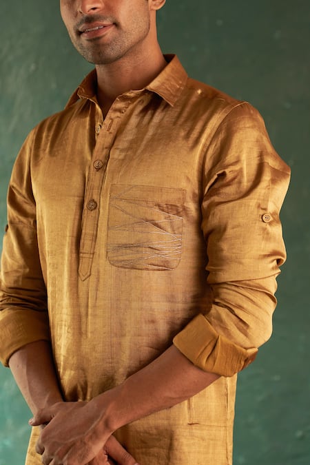 Charkhee Gold Silk, Cotton Embroidery Metallic Solid Kurta With Salwar Online at Aza Fashions Charkhee_Gold Silk, Cotton Embroidery Metallic Solid Kurta With Salwar _Online_at_Aza_Fashions