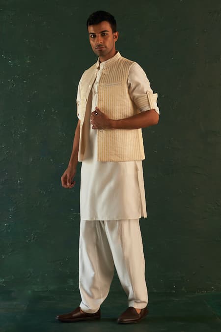 Buy Charkhee White Silk, Tissue, Chanderi, , Stripe Pattern Bundi And Kurta Set at Aza Fashions Buy_Charkhee_White Silk, Tissue, Chanderi, , Stripe Pattern Bundi And Kurta Set _at_Aza_Fashions
