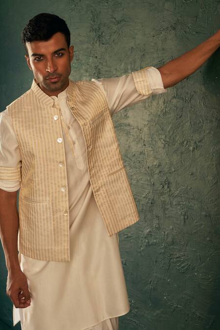 Charkhee White Silk, Tissue, Chanderi, , Stripe Pattern Bundi And Kurta Set Online at Aza Fashions Charkhee_White Silk, Tissue, Chanderi, , Stripe Pattern Bundi And Kurta Set _Online_at_Aza_Fashions