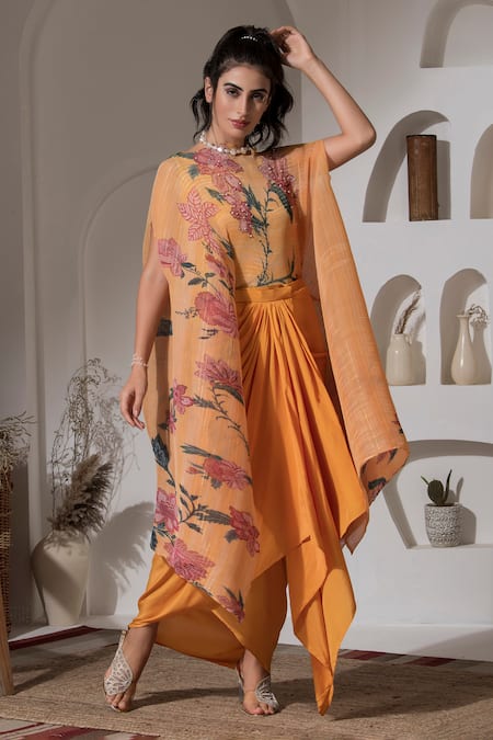 PREETI MEHTA Floral Print Kaftan With Dhoti Skirt 