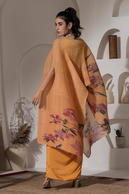 Shop_Preeti Mehta_Yellow Viscose, Lurex Embroidery High Neck Floral Print Kaftan With Dhoti Skirt _at_Aza_Fashions