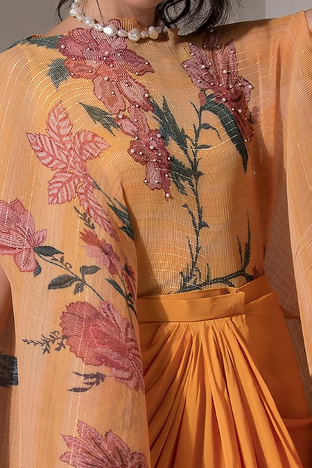 Preeti Mehta_Yellow Viscose, Lurex Embroidery High Neck Floral Print Kaftan With Dhoti Skirt _Online_at_Aza_Fashions
