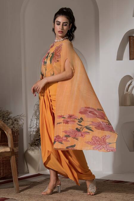 Buy_Preeti Mehta_Yellow Viscose, Lurex Embroidery High Neck Floral Print Kaftan With Dhoti Skirt _Online_at_Aza_Fashions