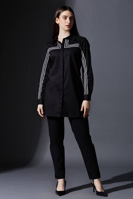 House Of Manaa Black Cotton Piping Collared Placement Striped Shirt With Pant Online at Aza Fashions House Of Manaa_Black Cotton Piping Collared Placement Striped Shirt With Pant_Online_at_Aza_Fashions