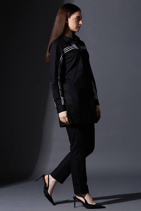 Buy House Of Manaa Black Cotton Piping Collared Placement Striped Shirt With Pant Online at Aza Fashions Buy_House Of Manaa_Black Cotton Piping Collared Placement Striped Shirt With Pant_Online_at_Aza_Fashions