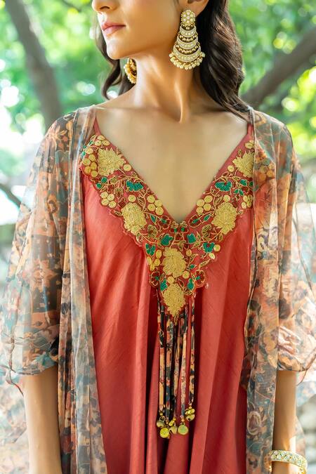 Nikita Vishakha_Brown Silk, Net Embroidery V-neck Charm Embellished Jumpsuit With Cape _Online_at_Aza_Fashions