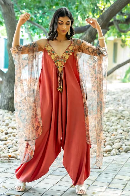 Buy_Nikita Vishakha_Brown Silk, Net Embroidery V-neck Charm Embellished Jumpsuit With Cape _Online_at_Aza_Fashions
