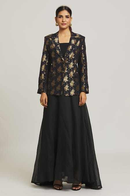 Peenacolada Black Wool, Chanderi Embroidery Woven Blazer And Layered Skirt Set Online at Aza Fashions Peenacolada_Black Wool, Chanderi Embroidery Woven Blazer And Layered Skirt Set _Online_at_Aza_Fashions