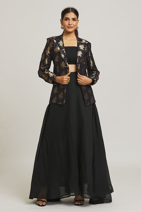 Buy Peenacolada Black Wool, Chanderi Embroidery Woven Blazer And Layered Skirt Set Online at Aza Fashions Buy_Peenacolada_Black Wool, Chanderi Embroidery Woven Blazer And Layered Skirt Set _Online_at_Aza_Fashions