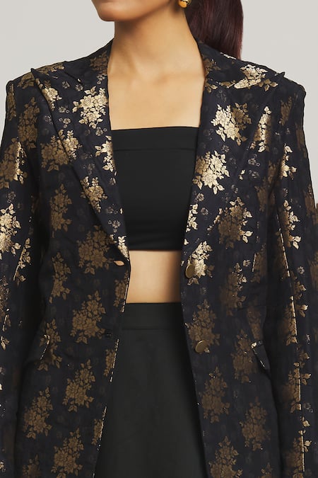 Shop Peenacolada Black Wool, Chanderi Embroidery Woven Blazer And Layered Skirt Set Online at Aza Fashions Shop_Peenacolada_Black Wool, Chanderi Embroidery Woven Blazer And Layered Skirt Set _Online_at_Aza_Fashions