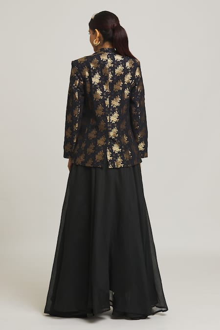 Shop Peenacolada Black Wool, Chanderi Embroidery Woven Blazer And Layered Skirt Set at Aza Fashions Shop_Peenacolada_Black Wool, Chanderi Embroidery Woven Blazer And Layered Skirt Set _at_Aza_Fashions