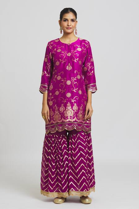 Peenacolada Wine Silk, Organza Sequins, Lace Round Scallop Embroidered Kurta Gharara Set Online at Aza Fashions Peenacolada_Wine Silk, Organza Sequins, Lace Round Scallop Embroidered Kurta Gharara Set _Online_at_Aza_Fashions