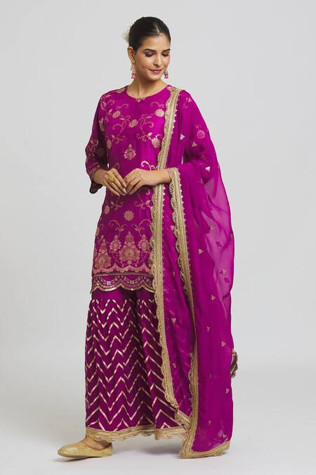 Buy Peenacolada Wine Silk, Organza Sequins, Lace Round Scallop Embroidered Kurta Gharara Set Online at Aza Fashions Buy_Peenacolada_Wine Silk, Organza Sequins, Lace Round Scallop Embroidered Kurta Gharara Set _Online_at_Aza_Fashions