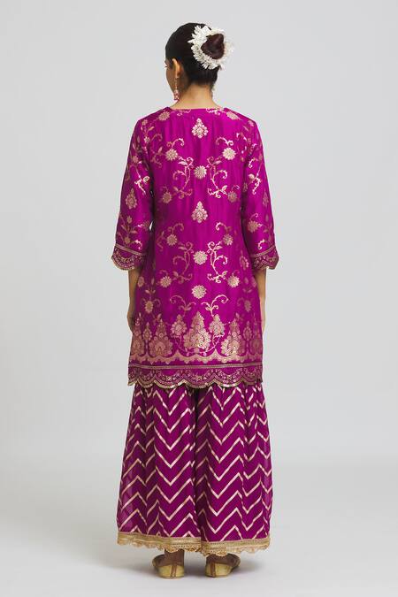 Shop Peenacolada Wine Silk, Organza Sequins, Lace Round Scallop Embroidered Kurta Gharara Set at Aza Fashions Shop_Peenacolada_Wine Silk, Organza Sequins, Lace Round Scallop Embroidered Kurta Gharara Set _at_Aza_Fashions
