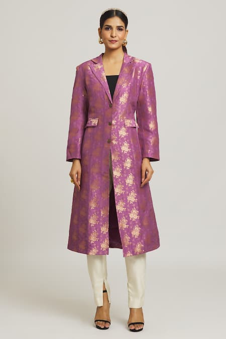 Peenacolada_Purple Silk Brooches Brocade Long Coat _Online_at_Aza_Fashions