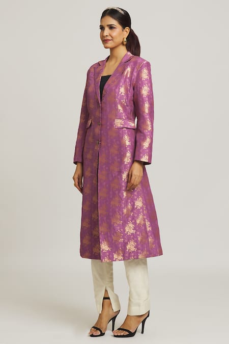 Buy_Peenacolada_Purple Silk Brooches Brocade Long Coat _Online_at_Aza_Fashions