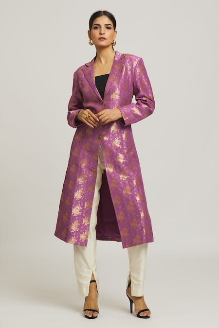 Shop_Peenacolada_Purple Silk Brooches Brocade Long Coat _Online_at_Aza_Fashions