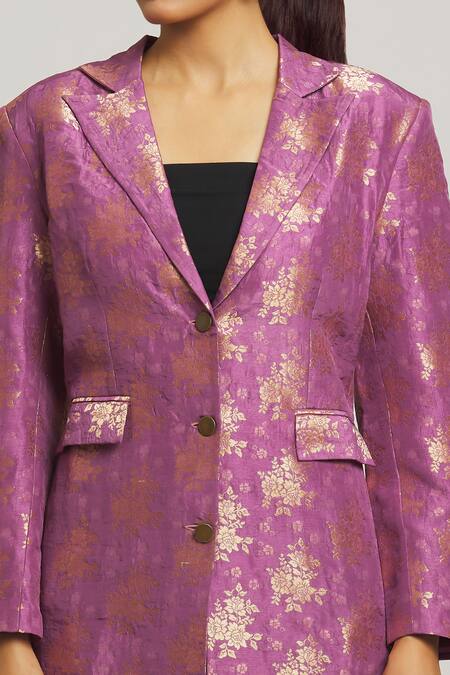 Peenacolada_Purple Silk Brooches Brocade Long Coat _at_Aza_Fashions
