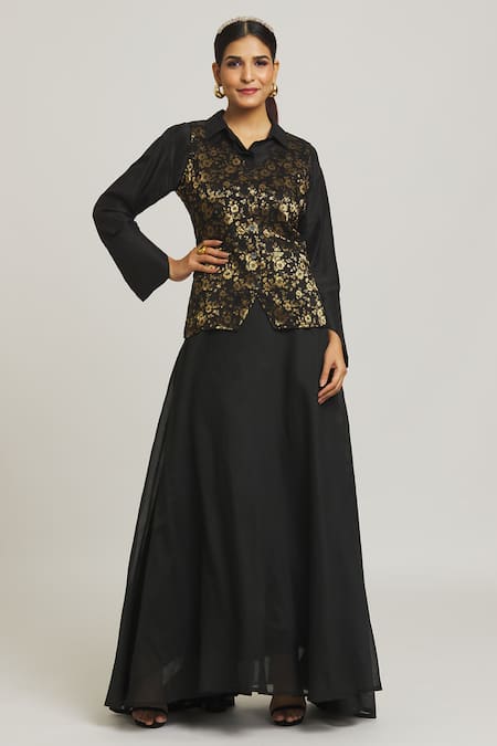 Peenacolada Black Silk Collared Brocade Waistcoat Skirt Set