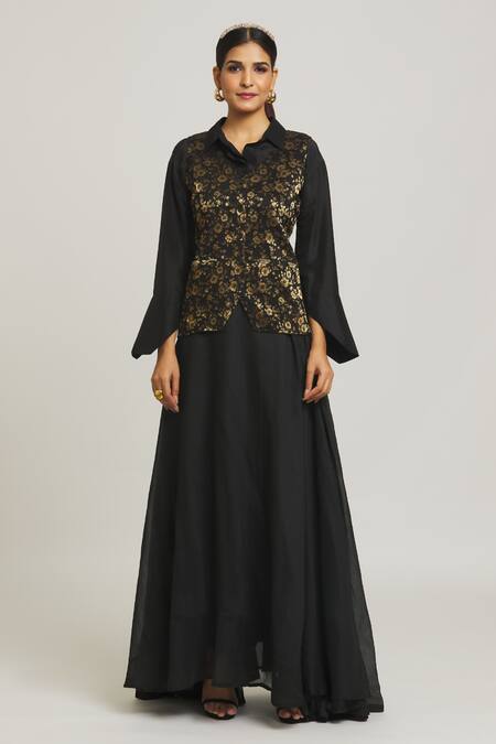 Buy Peenacolada Black Silk, Chanderi, Brocade Embroidery Collared Waistcoat Skirt Set Online at Aza Fashions Buy_Peenacolada_Black Silk, Chanderi, Brocade Embroidery Collared Waistcoat Skirt Set _Online_at_Aza_Fashions