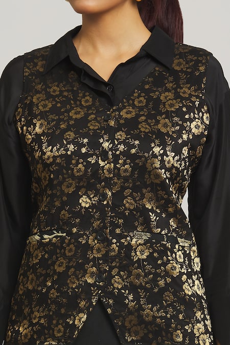 Shop Peenacolada Black Silk, Chanderi, Brocade Embroidery Collared Waistcoat Skirt Set Online at Aza Fashions Shop_Peenacolada_Black Silk, Chanderi, Brocade Embroidery Collared Waistcoat Skirt Set _Online_at_Aza_Fashions