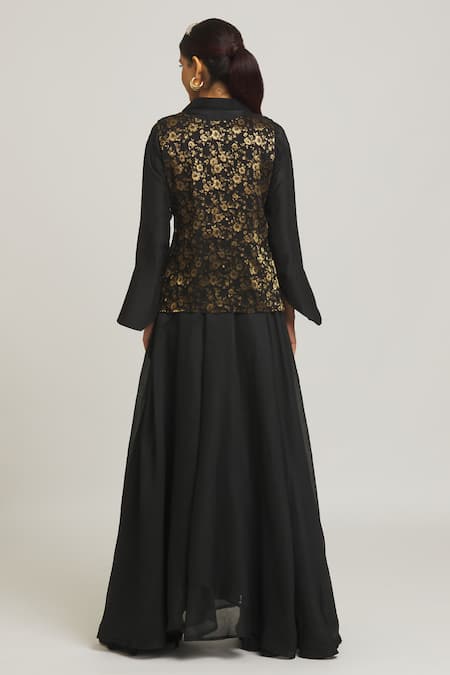 Shop Peenacolada Black Silk, Chanderi, Brocade Embroidery Collared Waistcoat Skirt Set at Aza Fashions Shop_Peenacolada_Black Silk, Chanderi, Brocade Embroidery Collared Waistcoat Skirt Set _at_Aza_Fashions