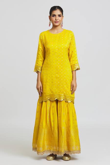 Peenacolada_Yellow Silk, Organza Sequins, Embroidery Round Banarasi Kurta Sharara Set _Online_at_Aza_Fashions