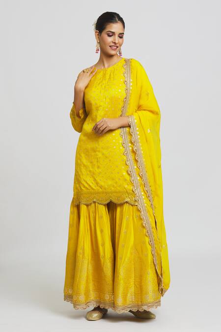 Buy_Peenacolada_Yellow Silk, Organza Sequins, Embroidery Round Banarasi Kurta Sharara Set _Online_at_Aza_Fashions
