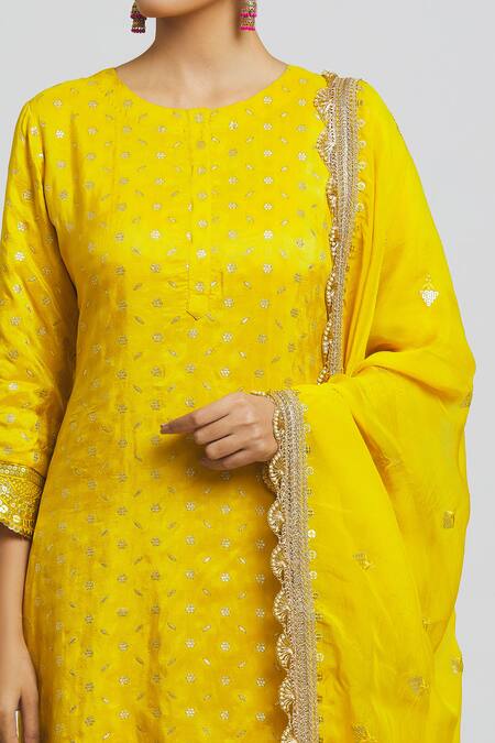 Shop_Peenacolada_Yellow Silk, Organza Sequins, Embroidery Round Banarasi Kurta Sharara Set _Online_at_Aza_Fashions