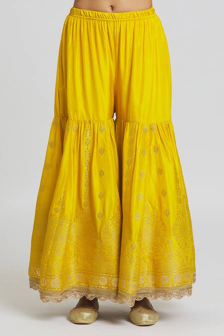 Peenacolada_Yellow Silk, Organza Sequins, Embroidery Round Banarasi Kurta Sharara Set _at_Aza_Fashions