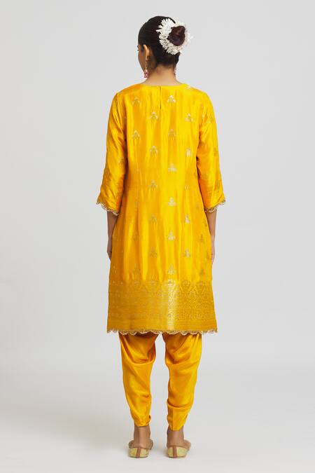 Shop Peenacolada Yellow Silk, Brocade, Organza Lace Round Neck Scallop Kurta Dhoti Pant Set at Aza Fashions Shop_Peenacolada_Yellow Silk, Brocade, Organza Lace Round Neck Scallop Kurta Dhoti Pant Set _at_Aza_Fashions
