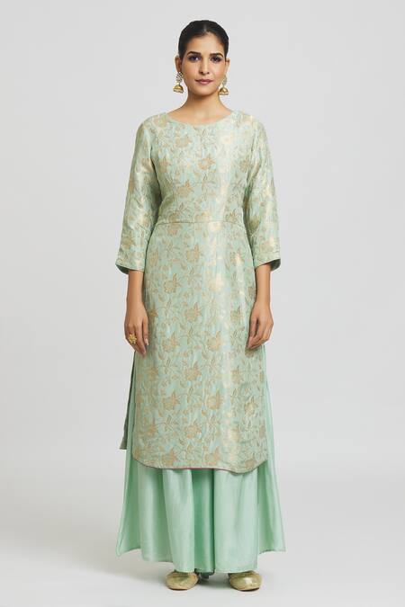 Peenacolada Green Silk, Brocade, Organza Embroidery Round Neck Banarasi Kurta Gharara Set Online at Aza Fashions Peenacolada_Green Silk, Brocade, Organza Embroidery Round Neck Banarasi Kurta Gharara Set _Online_at_Aza_Fashions
