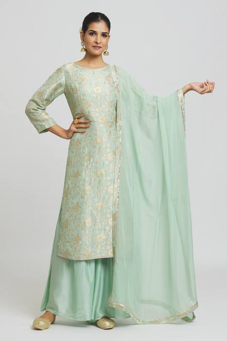 Buy Peenacolada Green Silk, Brocade, Organza Embroidery Round Neck Banarasi Kurta Gharara Set Online at Aza Fashions Buy_Peenacolada_Green Silk, Brocade, Organza Embroidery Round Neck Banarasi Kurta Gharara Set _Online_at_Aza_Fashions