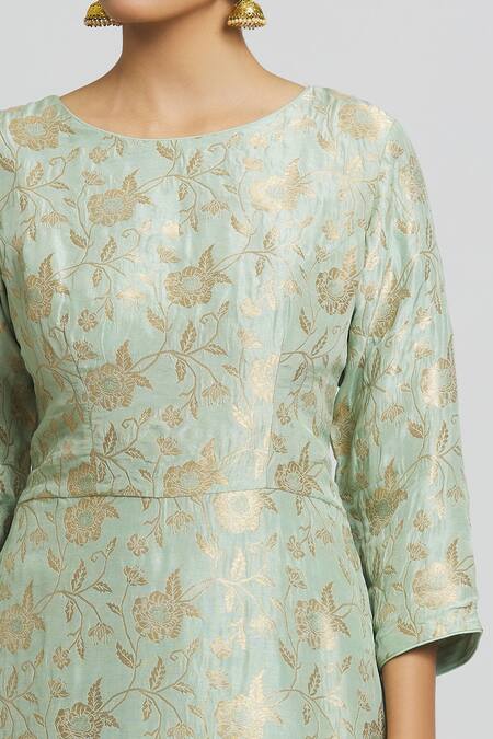 Shop Peenacolada Green Silk, Brocade, Organza Embroidery Round Neck Banarasi Kurta Gharara Set Online at Aza Fashions Shop_Peenacolada_Green Silk, Brocade, Organza Embroidery Round Neck Banarasi Kurta Gharara Set _Online_at_Aza_Fashions