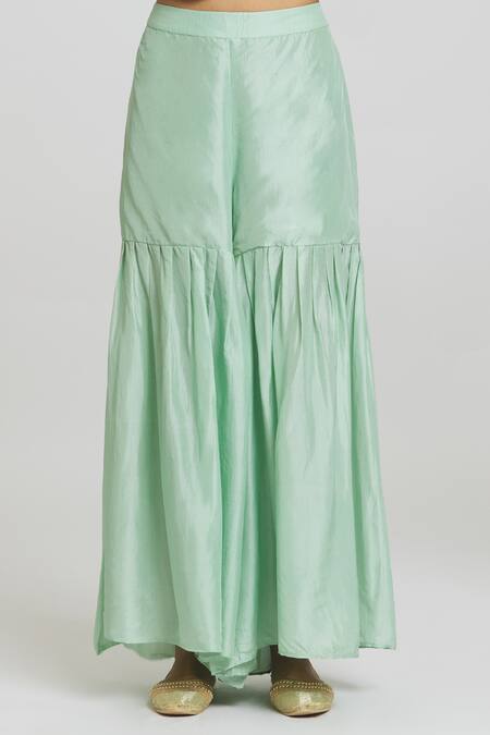 Peenacolada Green Silk, Brocade, Organza Embroidery Round Neck Banarasi Kurta Gharara Set at Aza Fashions Peenacolada_Green Silk, Brocade, Organza Embroidery Round Neck Banarasi Kurta Gharara Set _at_Aza_Fashions