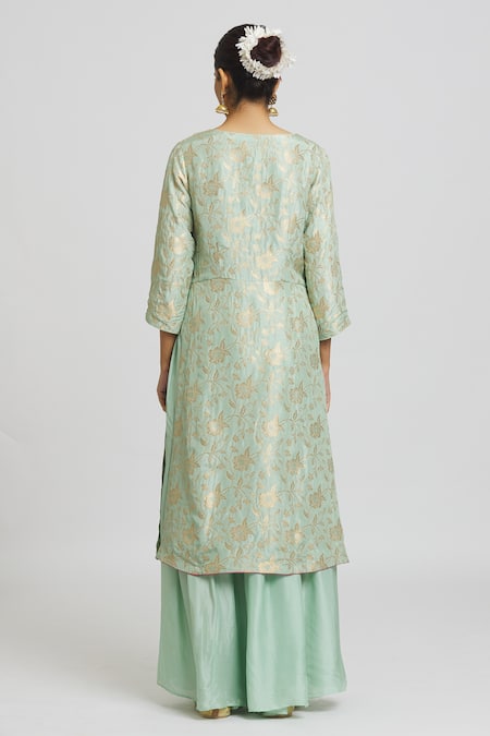 Shop Peenacolada Green Silk, Brocade, Organza Embroidery Round Neck Banarasi Kurta Gharara Set at Aza Fashions Shop_Peenacolada_Green Silk, Brocade, Organza Embroidery Round Neck Banarasi Kurta Gharara Set _at_Aza_Fashions