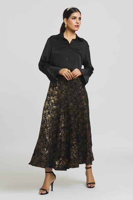 Buy Peenacolada Black Silk, Brocade Collared Button Down Shirt With Sharara Online at Aza Fashions Buy_Peenacolada_Black Silk, Brocade Collared Button Down Shirt With Sharara _Online_at_Aza_Fashions