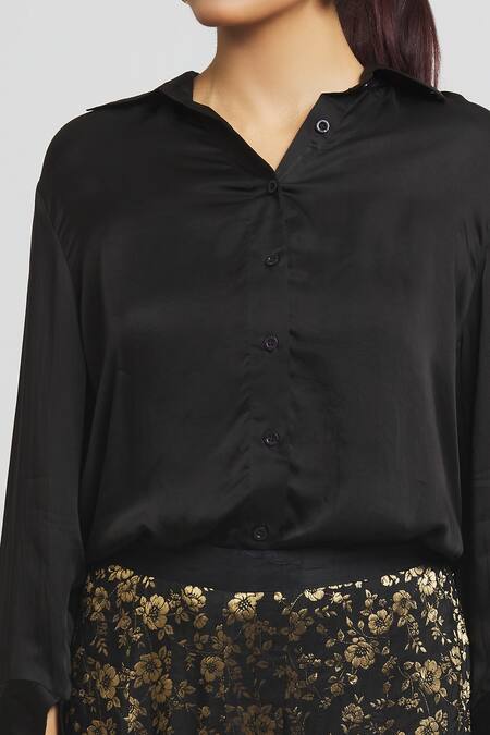 Shop Peenacolada Black Silk, Brocade Collared Button Down Shirt With Sharara Online at Aza Fashions Shop_Peenacolada_Black Silk, Brocade Collared Button Down Shirt With Sharara _Online_at_Aza_Fashions