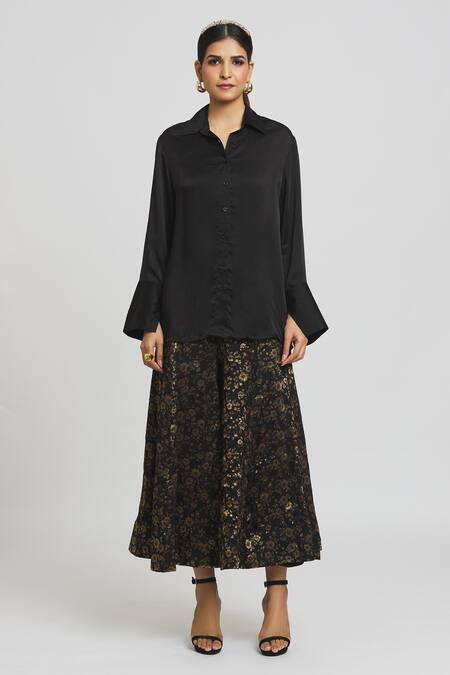 Peenacolada Black Silk, Brocade Collared Button Down Shirt With Sharara at Aza Fashions Peenacolada_Black Silk, Brocade Collared Button Down Shirt With Sharara _at_Aza_Fashions