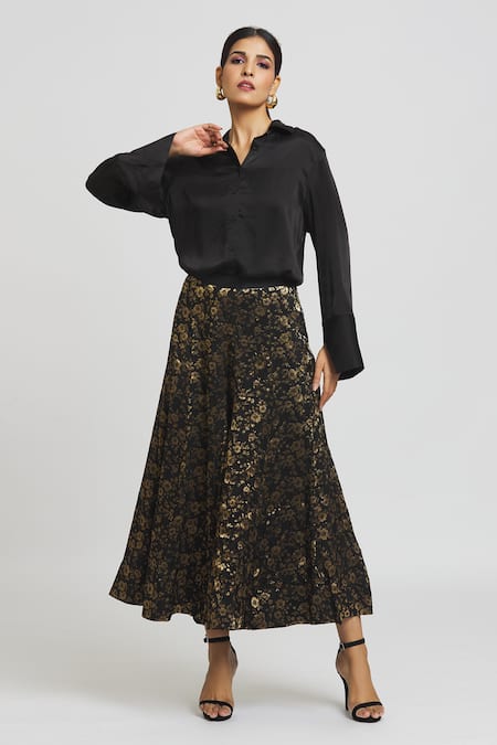 Shop Peenacolada Black Silk, Brocade Collared Button Down Shirt With Sharara at Aza Fashions Shop_Peenacolada_Black Silk, Brocade Collared Button Down Shirt With Sharara _at_Aza_Fashions