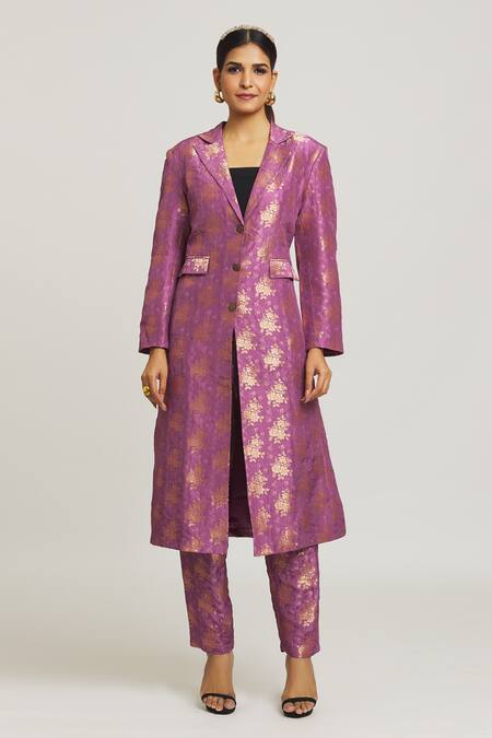 Peenacolada_Purple Silk, Brocade Embroidery Collared Long Blazer And Pant Set _Online_at_Aza_Fashions