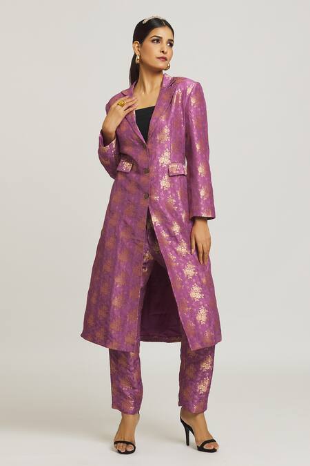 Buy_Peenacolada_Purple Silk, Brocade Embroidery Collared Long Blazer And Pant Set _Online_at_Aza_Fashions