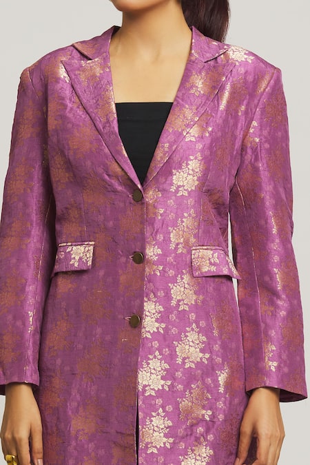 Shop_Peenacolada_Purple Silk, Brocade Embroidery Collared Long Blazer And Pant Set _Online_at_Aza_Fashions