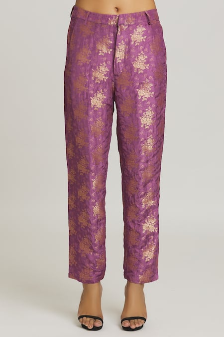 Peenacolada_Purple Silk, Brocade Embroidery Collared Long Blazer And Pant Set _at_Aza_Fashions