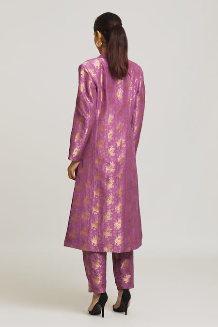 Shop_Peenacolada_Purple Silk, Brocade Embroidery Collared Long Blazer And Pant Set _at_Aza_Fashions